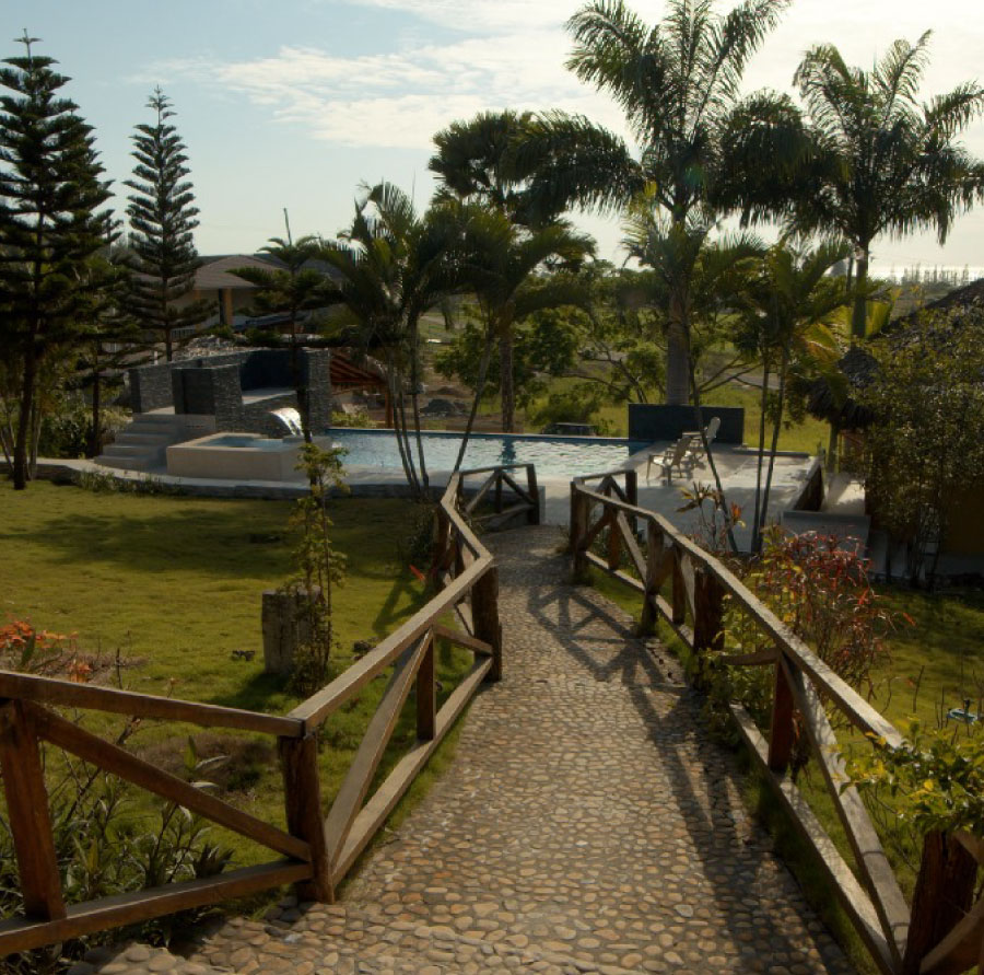 green landscape path to the pool